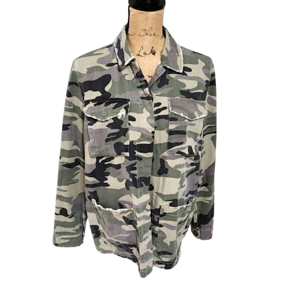 JODIFL Camouflage Utility Jacket Button Distressed Pockets Green Grey Small